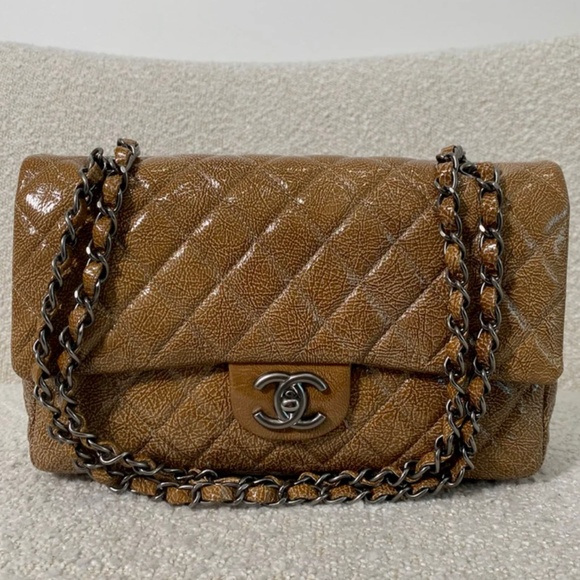 Authentic Chanel Crinkled Patent Quilted Medium Double Classic Flap Brown - Picture 1 of 16